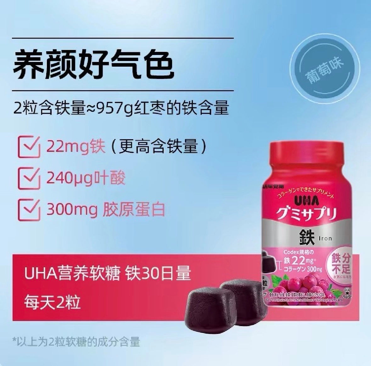 日本 悠哈 UHA 补铁 软糖 30日分