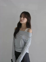 韩国女装 riveroom吊带一字肩t恤女长袖百搭宽松显瘦 蓝色